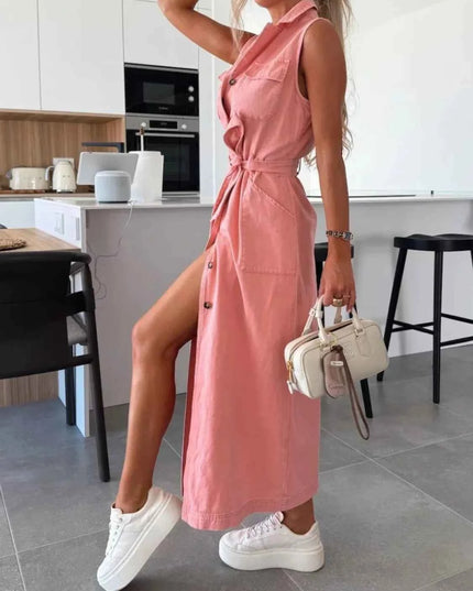 Button Front Sleeveless Denim Dress