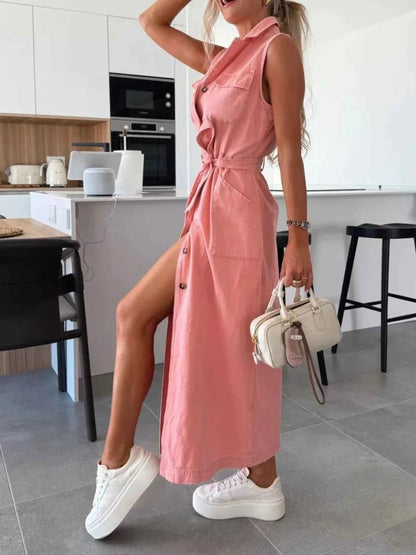 Button Front Sleeveless Denim Dress
