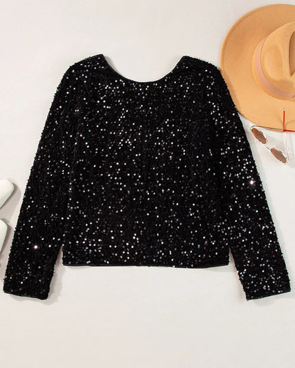 Sequin Round Neck Long Sleeve Blouse