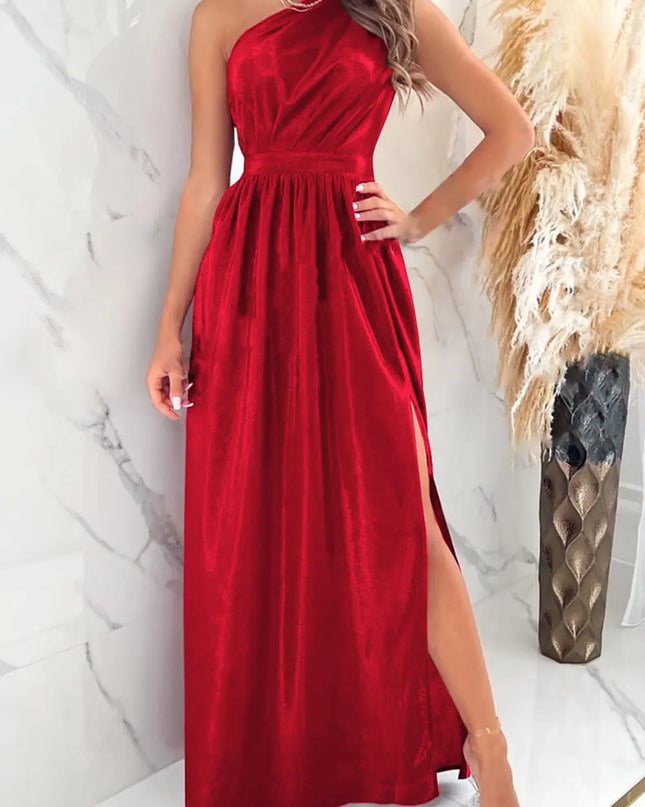 One Shoulder Slit Ruched Maxi Dress Red