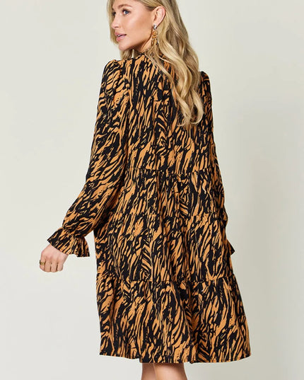 Double Take Full Size Printed Ruffle Hem Long Sleeve Dress