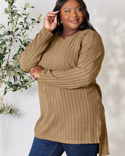 Basic Bae Full Size Ribbed Round Neck Long Sleeve Slit Top