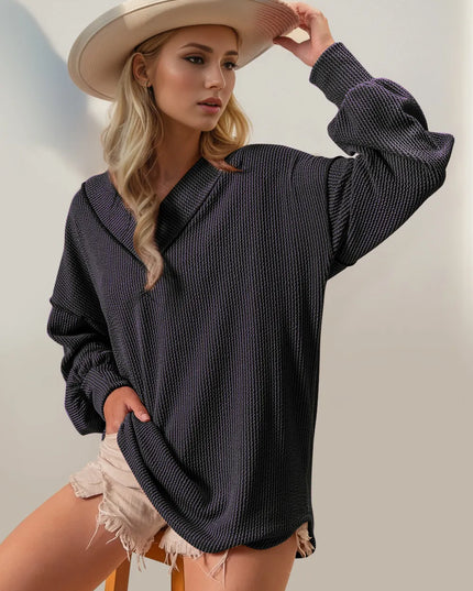 Double Take Exposed Seam Ribbed Textured V-Neck Long Sleeve T-Shirt