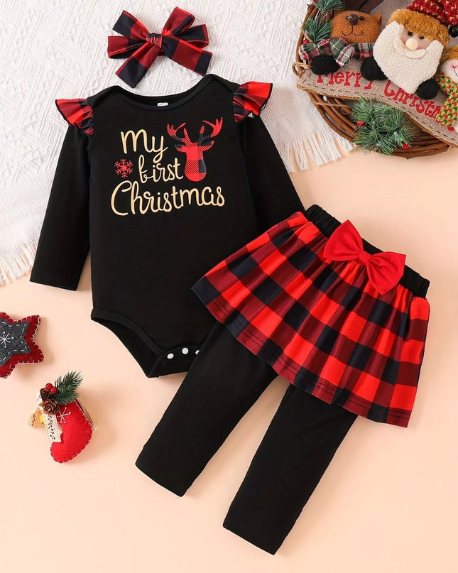 Children's Christmas Bodysuit and Pants Set with Headband Black