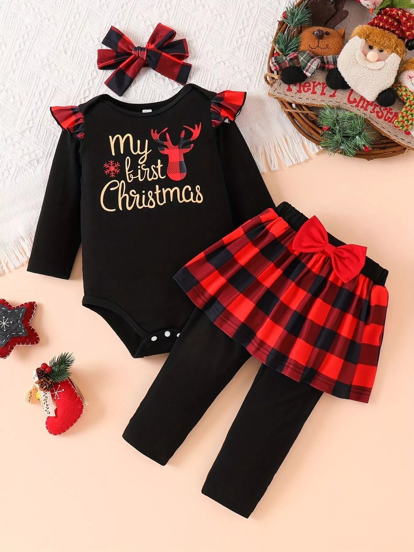 Children's Christmas Bodysuit and Pants Set with Headband Black