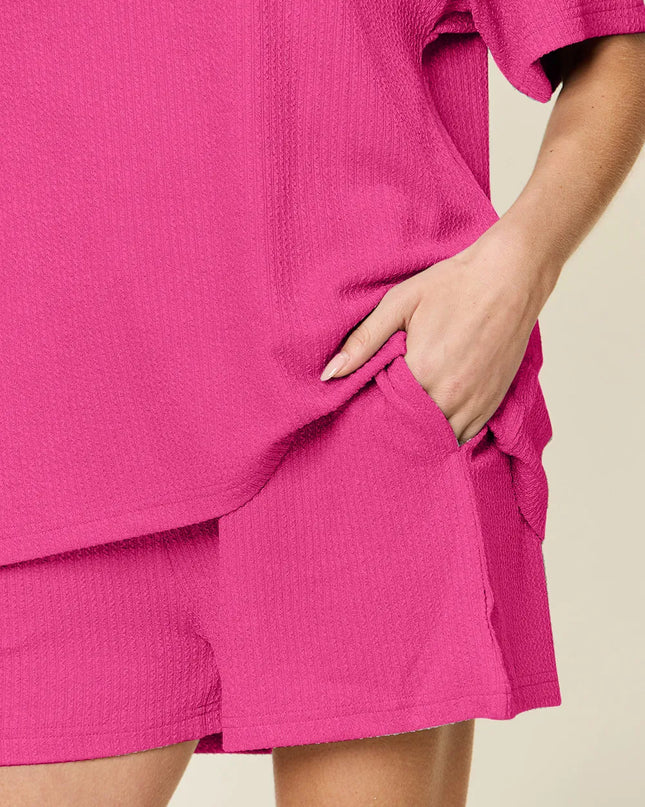 Double Take Basic style Round Neck Solid Set