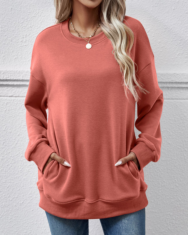 Dropped Shoulder Sweatshirt with Pockets Burnt Coral