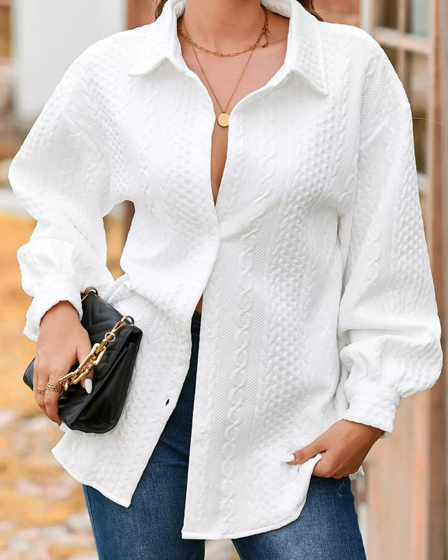 Cable Texture Puff Sleeve Loose Shacket