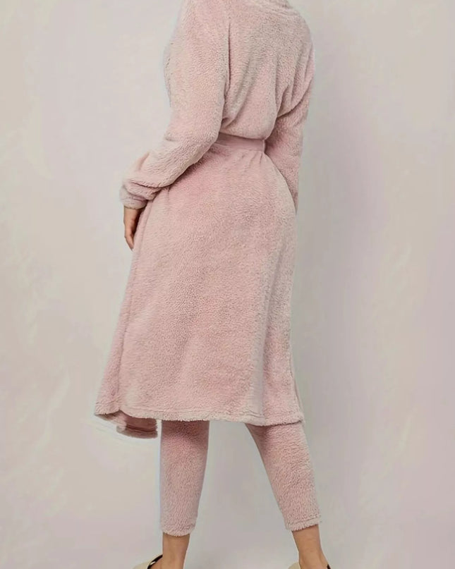 Fuzzy Tank Long Sleeve Cardigan and Pants 3-Piece Lounge Set