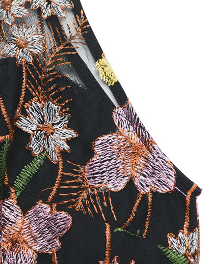 Floral Embroidered Halter Neck Pleated Jumpsuit