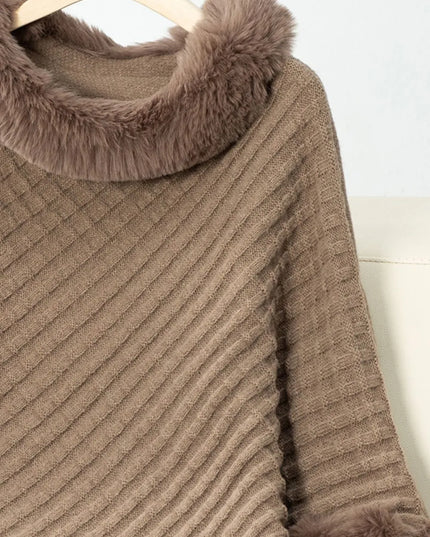 Fuzzy Trim Texture Three-Quarter Sleeve Poncho