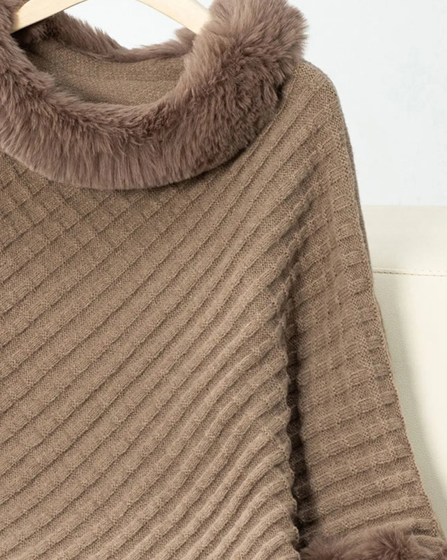 Fuzzy Trim Texture Three-Quarter Sleeve Poncho