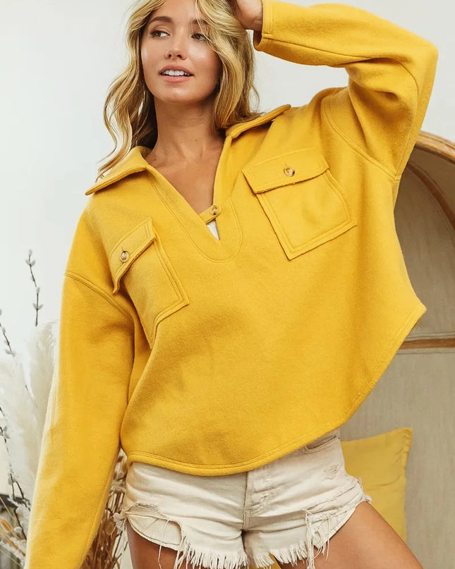 BiBi Flap Pockets Fleece Collared Sweatshirt