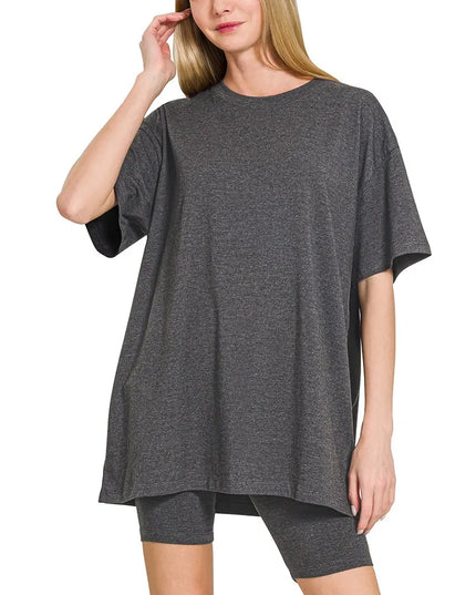 Zenana Cotton Round Neck Top & Biker Shorts CHARCOAL