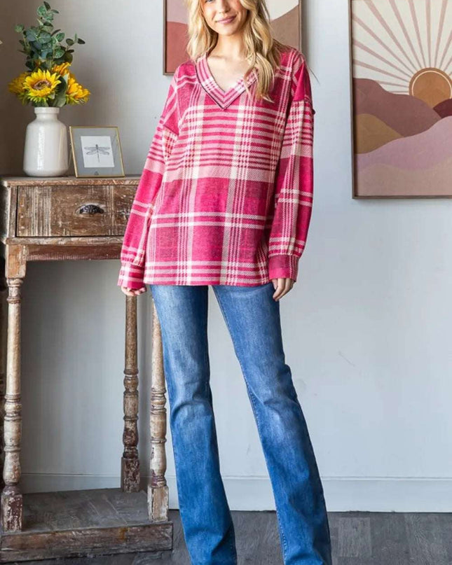 Heimish Plaid Drop Shoulder V-Neck T-Shirt