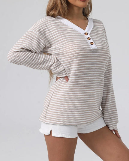 Striped Button Detail Long Sleeve Top