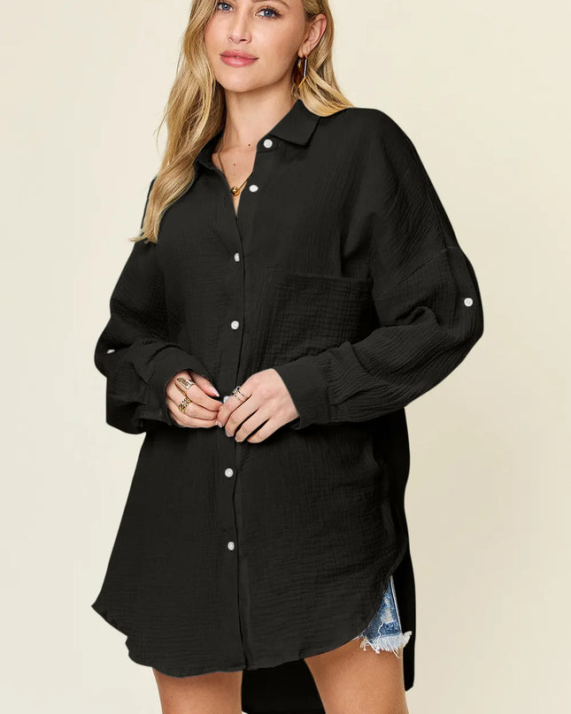 Double Take Full Size Pocketed Texture Button Up Shirt Black
