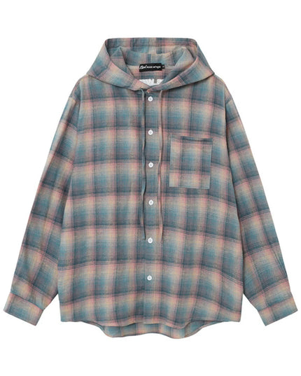 Men's Drawstring Plaid Button Up Hooded Shirt Plaid Orange