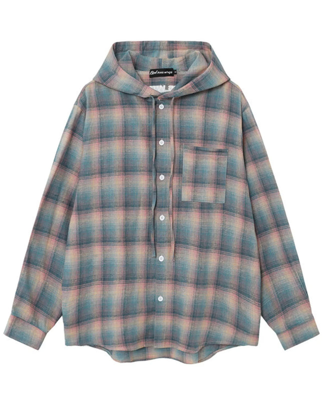 Men's Drawstring Plaid Button Up Hooded Shirt Plaid Orange