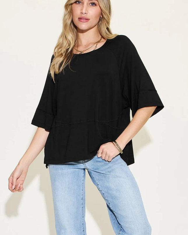 Basic Bae Full Size Bamboo Round Neck Exposed Seam T-Shirt Plus Size Black