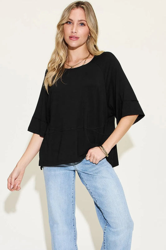 Basic Bae Full Size Bamboo Round Neck Exposed Seam T-Shirt Plus Size Black