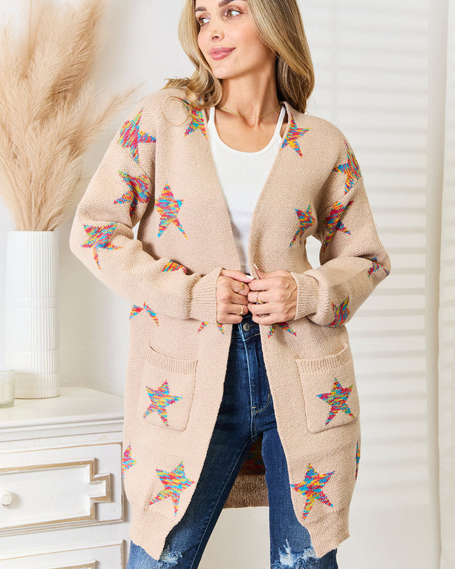 Angel Wings Star Pattern Open Front Longline Cardigan Mocha