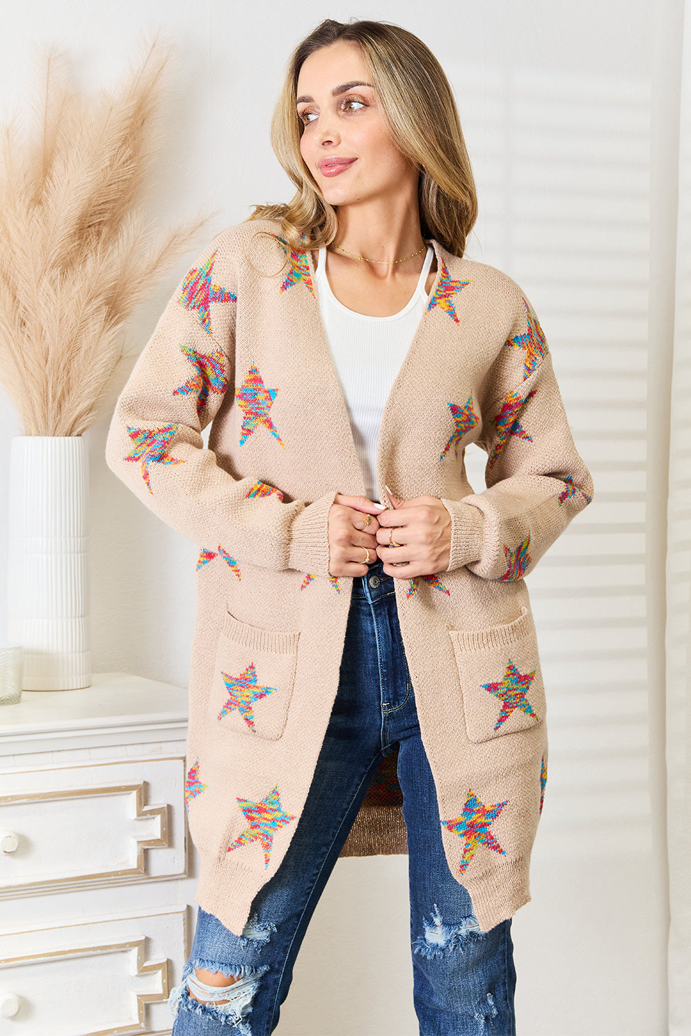 Angel Wings Star Pattern Open Front Longline Cardigan Mocha