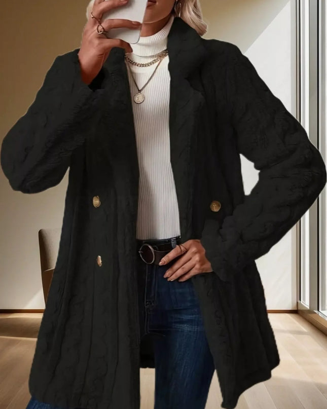 Double-Breasted Fleece Longline Coat Black