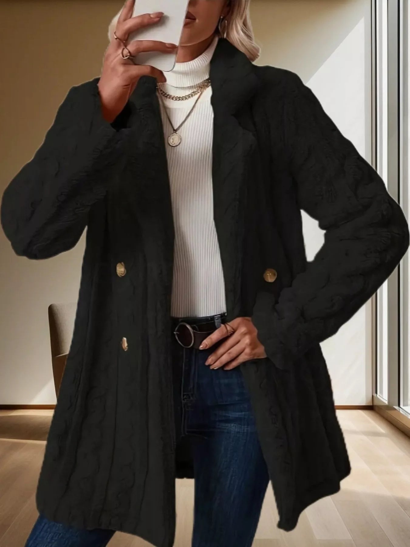 Double-Breasted Fleece Longline Coat Black