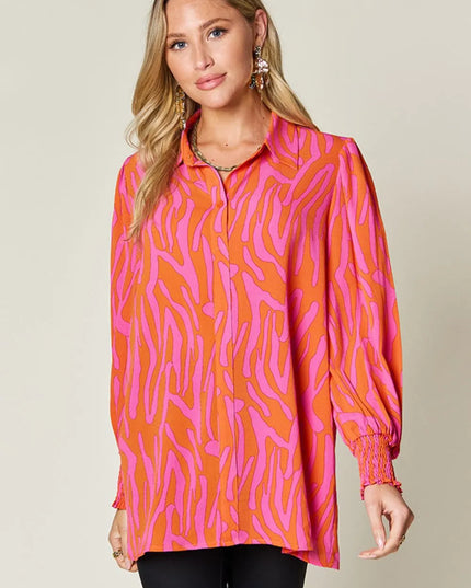 Double Take Full Size Printed Smocked Long Sleeve Blouse Plus Size Orange