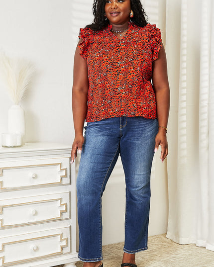 Double Take Floral Flutter Sleeve Notched Neck Blouse