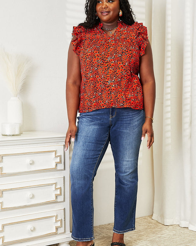 Double Take Floral Flutter Sleeve Notched Neck Blouse