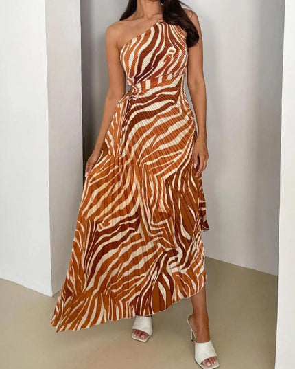 Printed One Shoulder Asymmetrical Maxi Dress Caramel