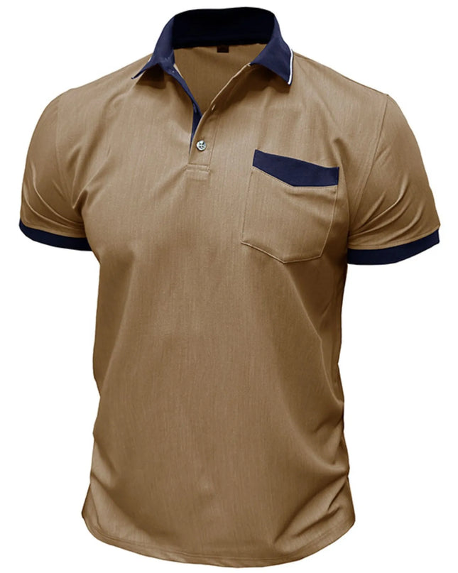 Men's Contrast Collar Pocket Polo Shirt Khaki