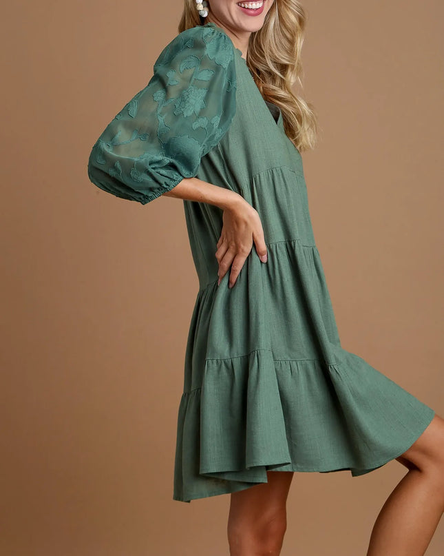 Umgee Floral Contrast Sleeve Tiered Dress