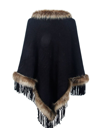 Faux Fur Trim Fringed Poncho