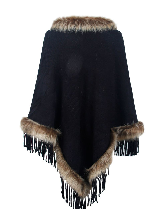 Faux Fur Trim Fringed Poncho