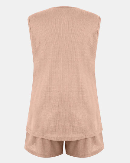Full Size Waffle-Knit Notched Top and Shorts Set
