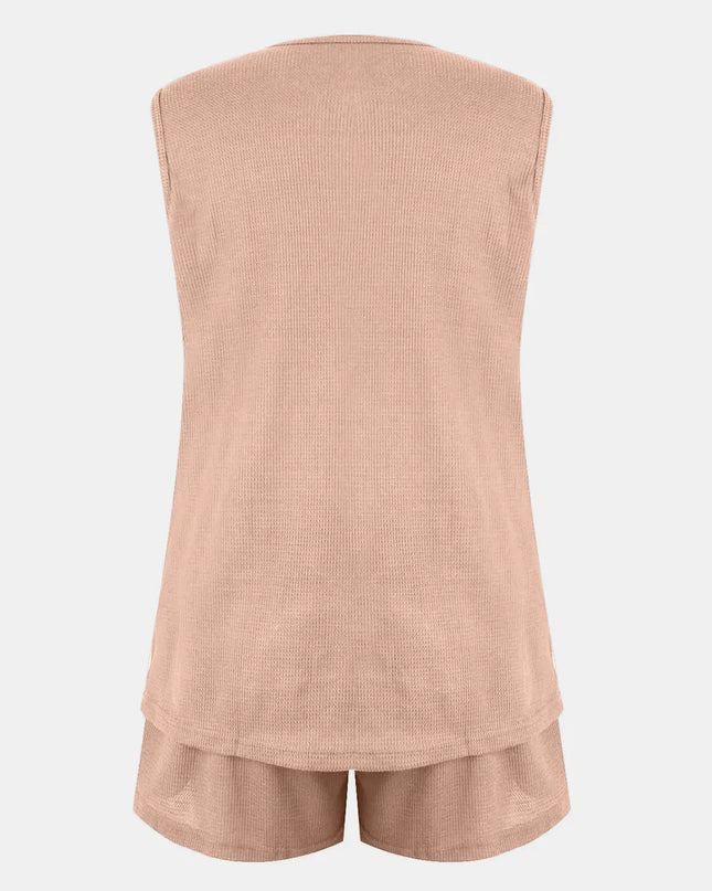 Full Size Waffle-Knit Notched Top and Shorts Set
