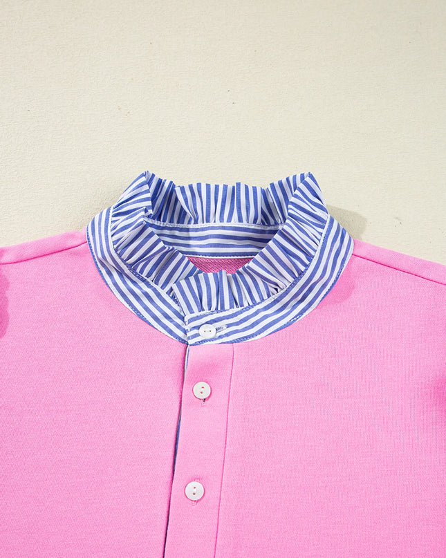 Contrast Striped Collar Patchwork Puff Sleeve Ruffle Hem Mini Dress