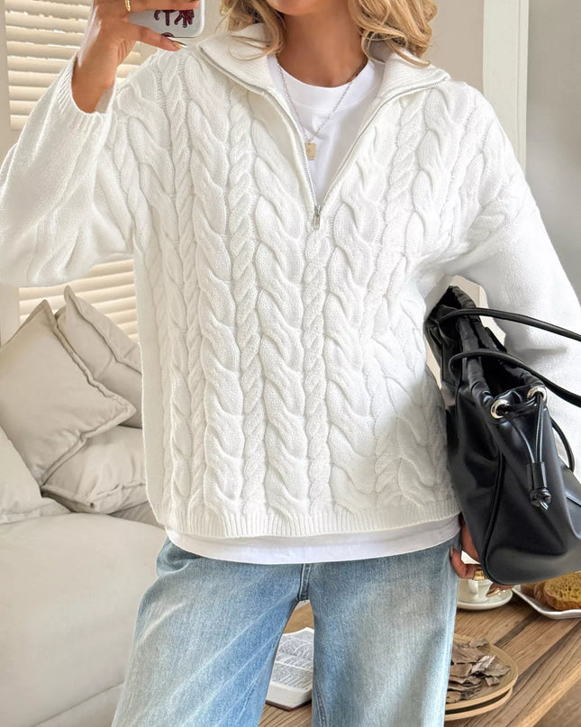 Zip Collar Cable-Knit Sweater White