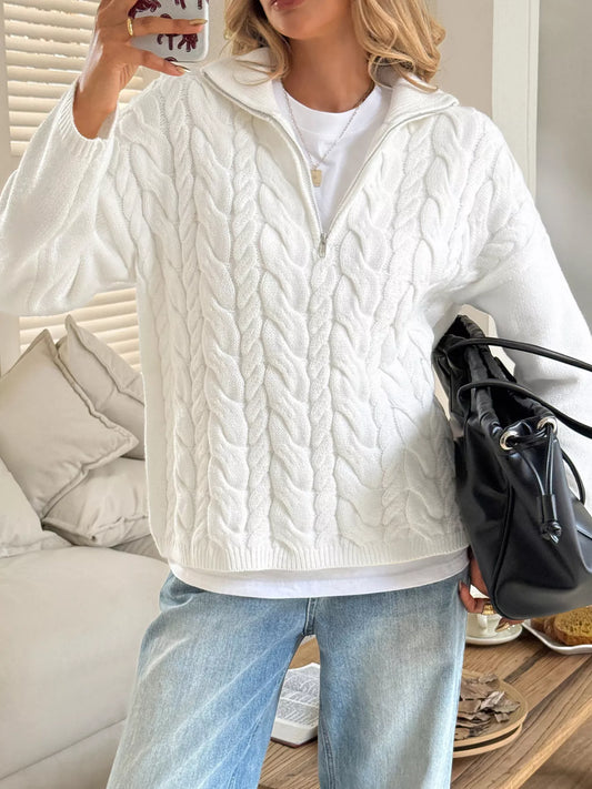 Zip Collar Cable-Knit Sweater White