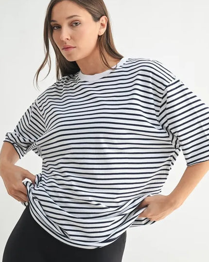 MONO B Coastal Cotton Striped Oversized Crewneck T-Shirt WHITE NAVY