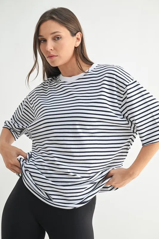 MONO B Coastal Cotton Striped Oversized Crewneck T-Shirt WHITE NAVY