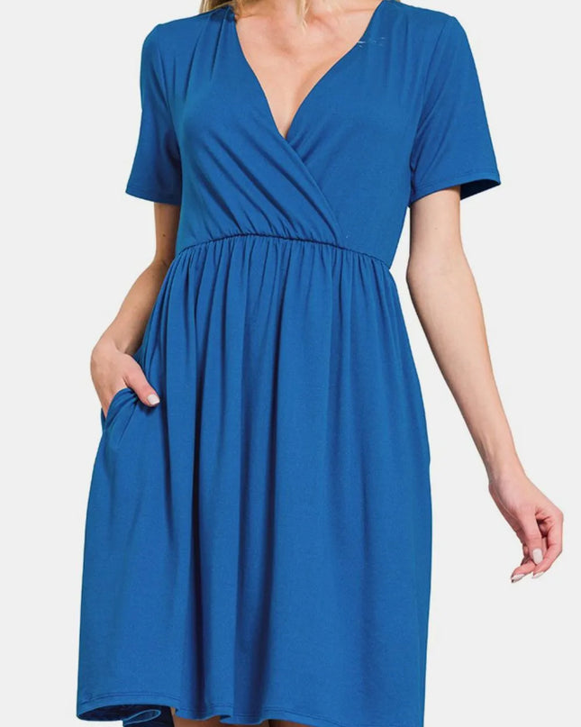 Zenana Surplice Short Sleeve Brushed DTY Dress