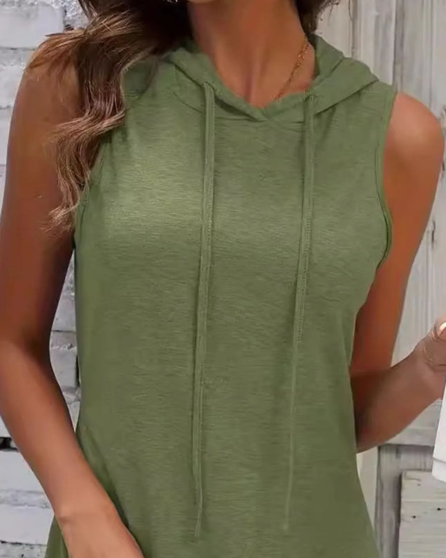 Full Size Drawstring Casual Sleeveless Hooded Mini Dress Plus Size 