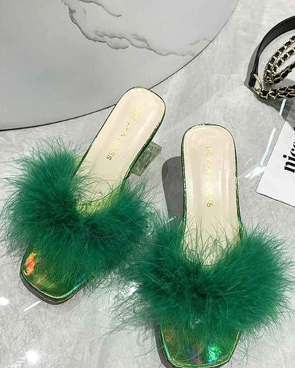 Fluffy Strap Block Heel Sandals