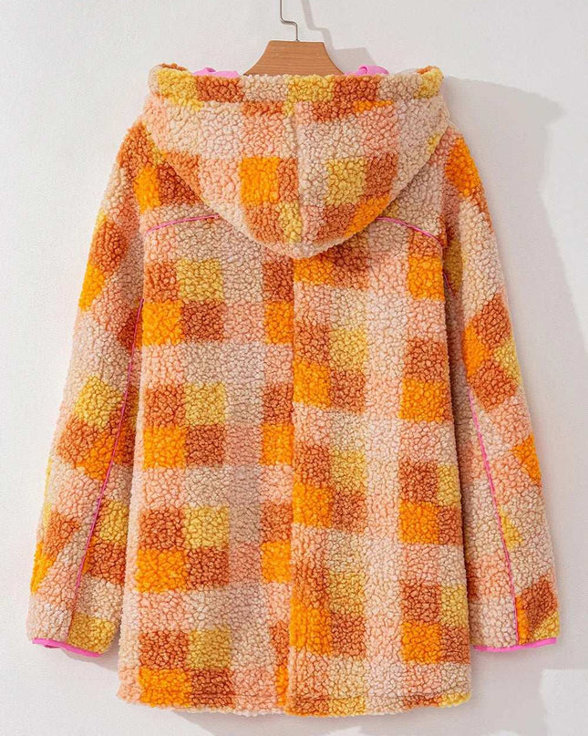 Checkered Long Sleeve Sherpa Hooded Jacket