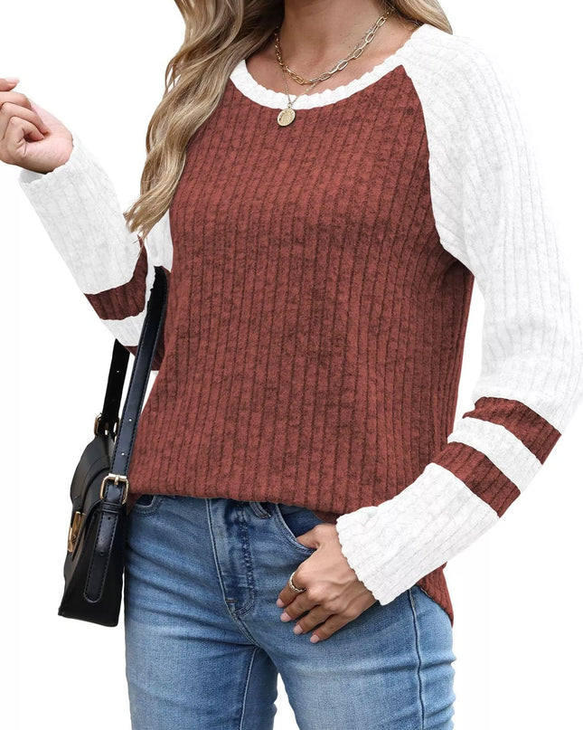 Ribbed Round Neck Raglan Sleeve Top Caramel