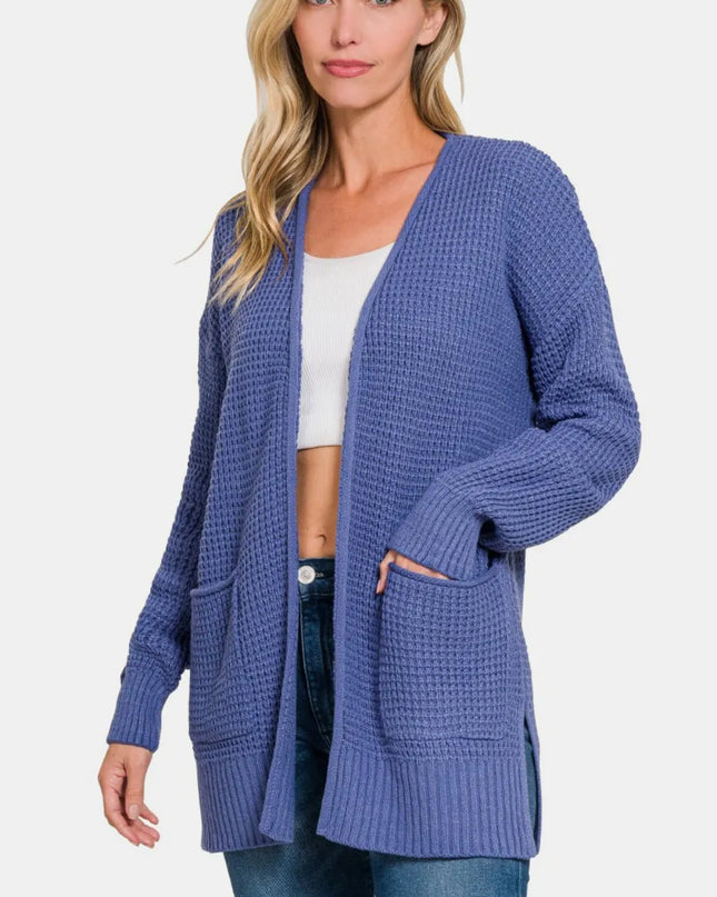 Zenana Waffle Open Front Sweater Cardigan Marlin